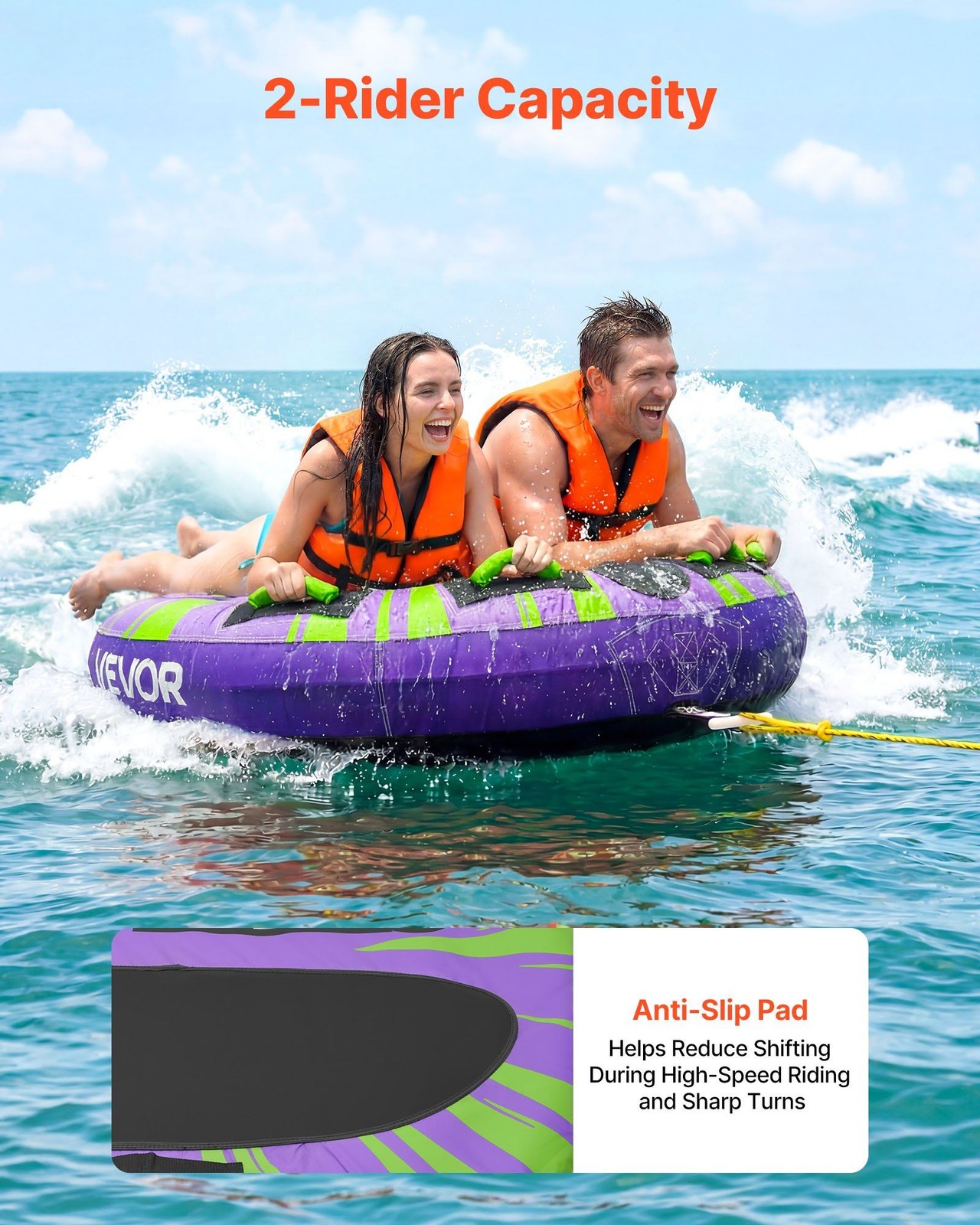 340lb 2-Rider Inflatable Towable Tubes with Padded Handles and Safety Valve