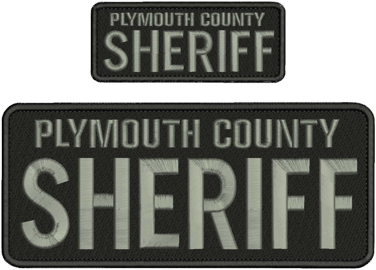 PLYMOUTH  COUNTY SHERIFF EMBROIDERY PATCH 4X10 AND 2X5 BELCR@ ON BACK GRAY ON IT