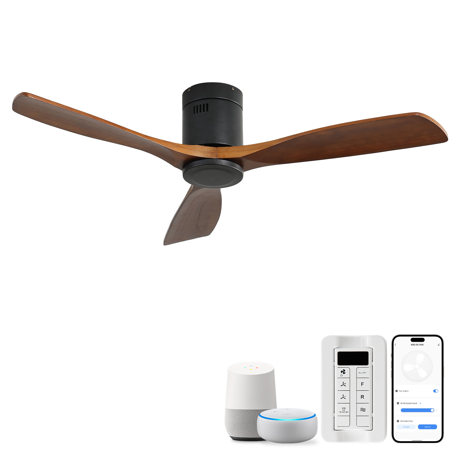 52" Flush Mount Ceiling Fan DC 3 Wood Fan Blade Noiseless Reversible Motor Smart