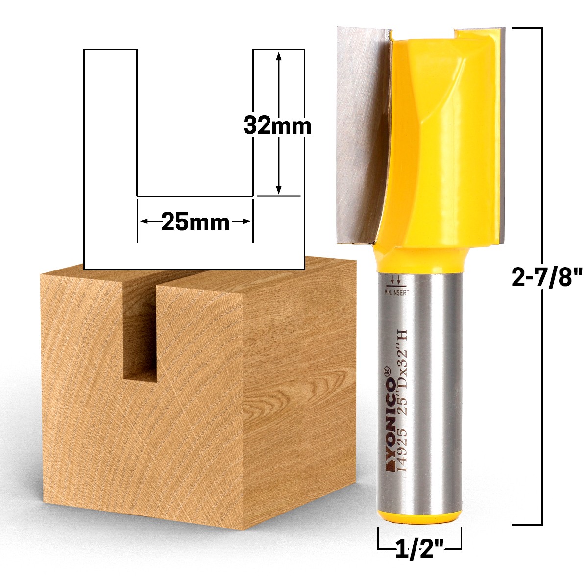 25mm CD x 32mm CL Straight Router Bit Metric - 1/2" Shank - Yonico 14925