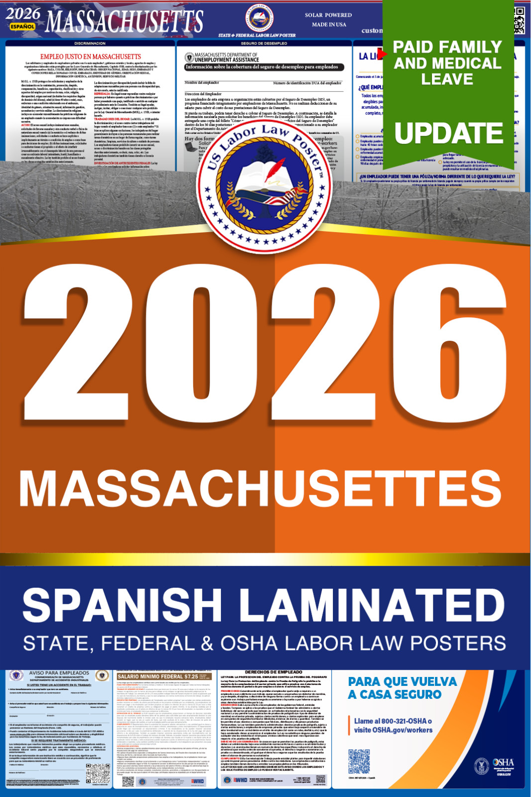 2026 Massachusetts MA LABOR LAW POSTER (Federal & State) Spanish Laminated