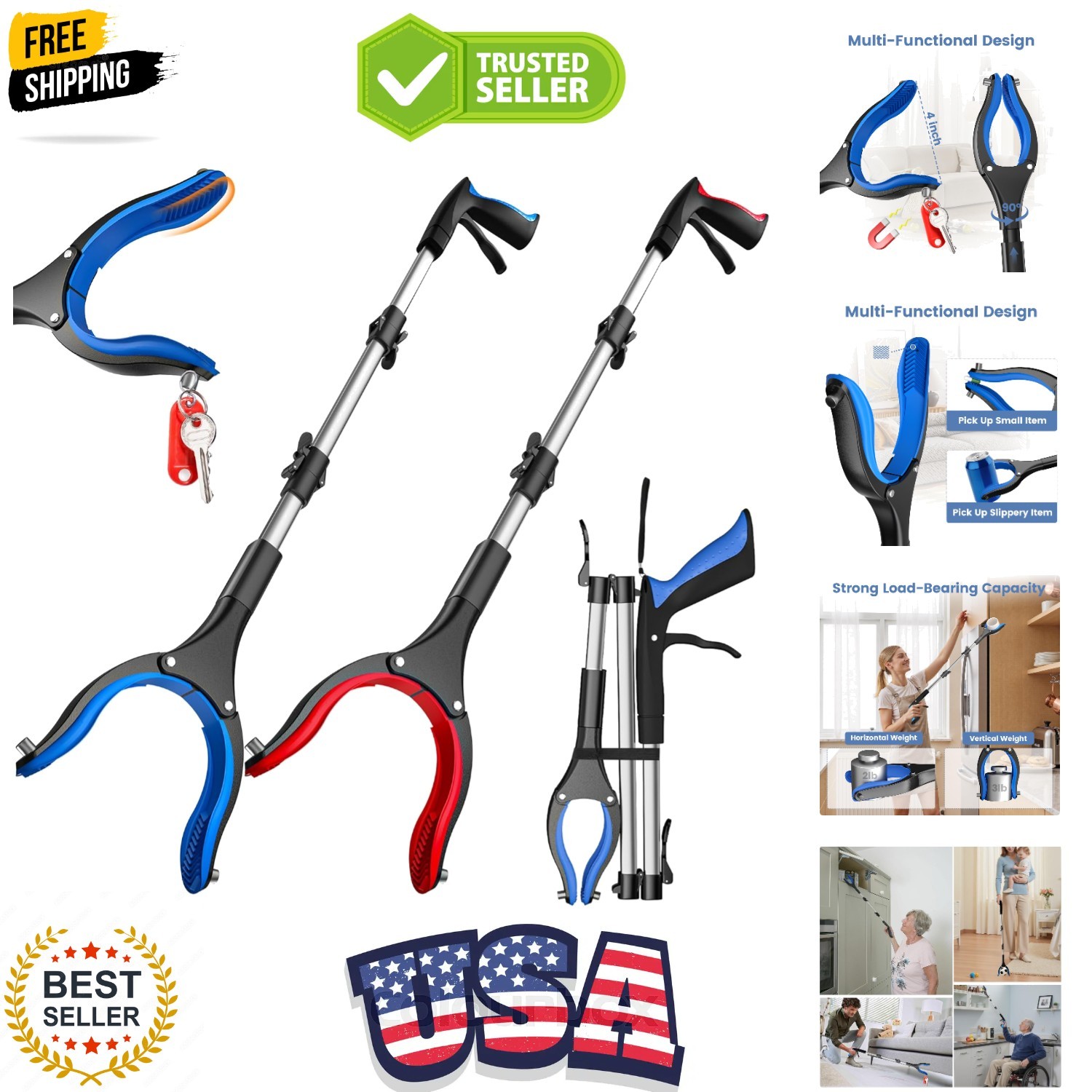 2 Pack 36 Inch Grabber Reacher Tool for Seniors, Foldable Reacher Grabbers Pi...