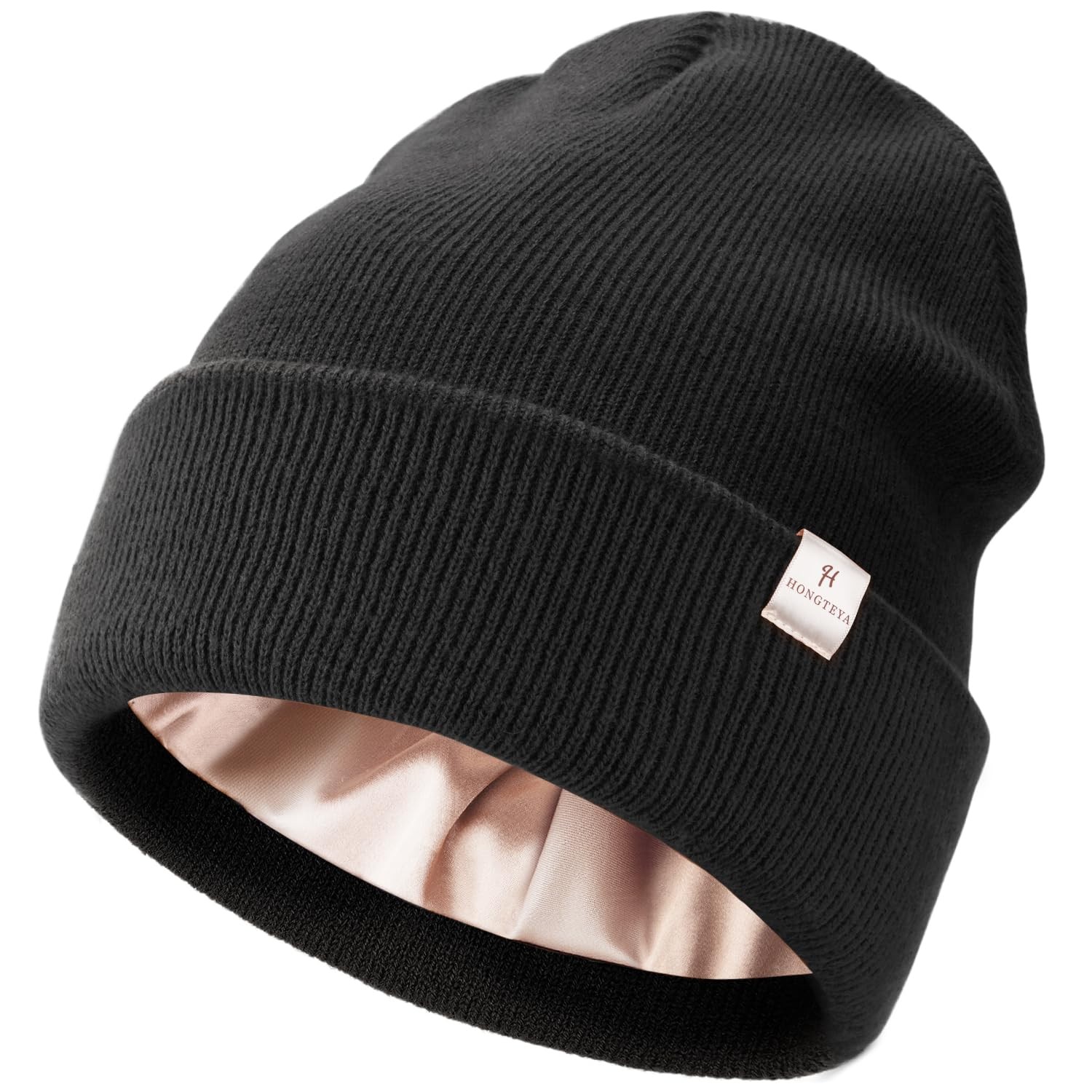 Womens Satin Lined Knit Beanie Hat US, Alpha, One Size, Black