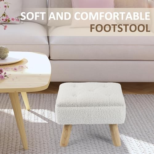 Storage Ottoman, Small Foot Stool Ottoman with Storage, Boucle Teddy Cream