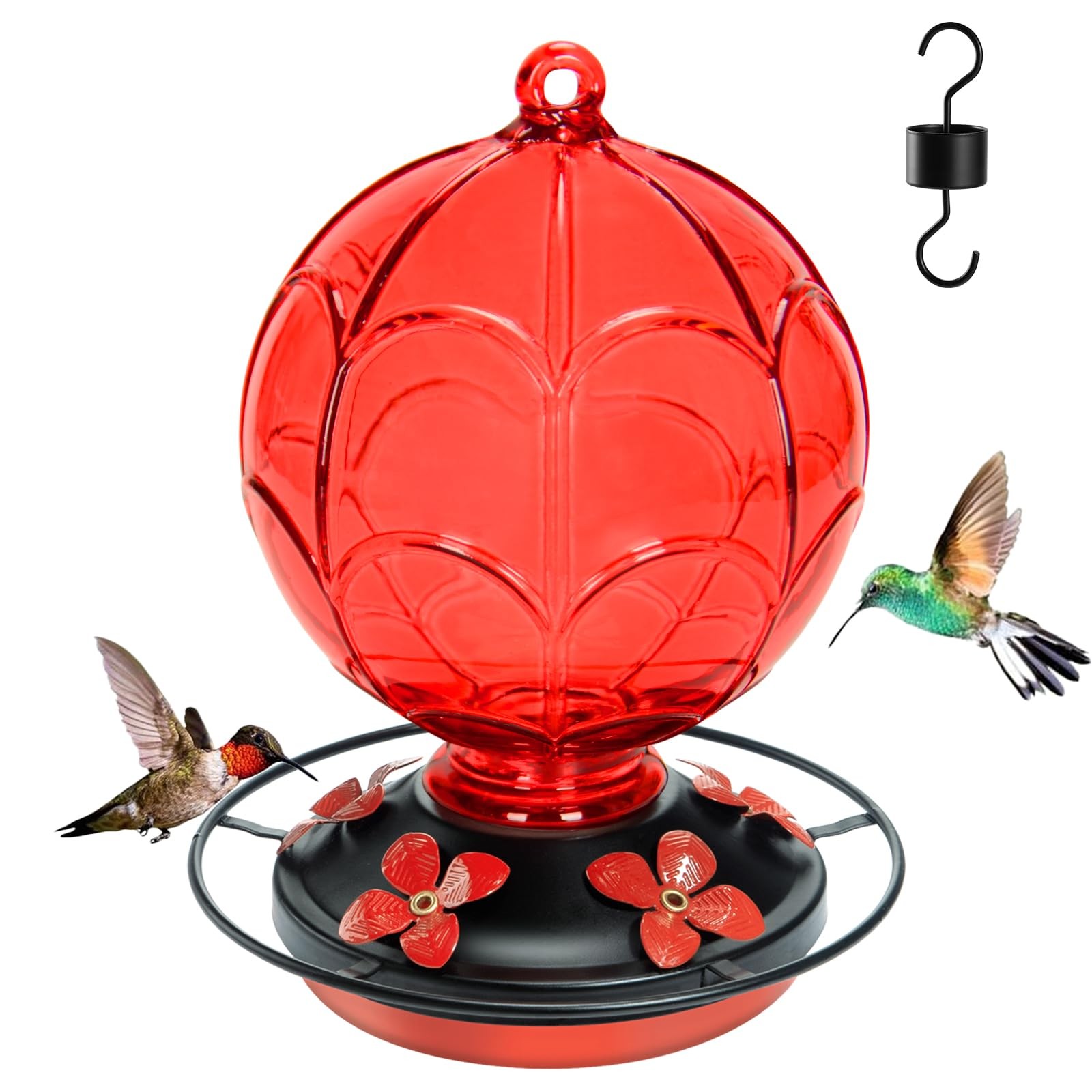 Jarkyfine 26 OZ Glass Hummingbird Feeder for Outdoors Hanging - Red