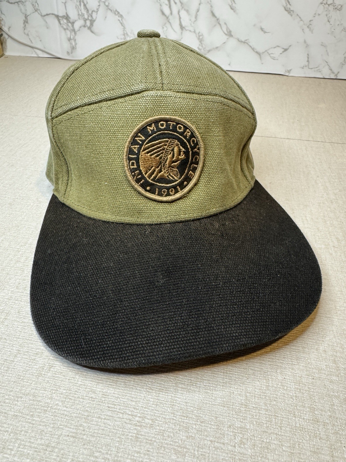 Indian Motorcycle 1901 Flatbill Waxed Cotton Hat Leather Strap Adustable