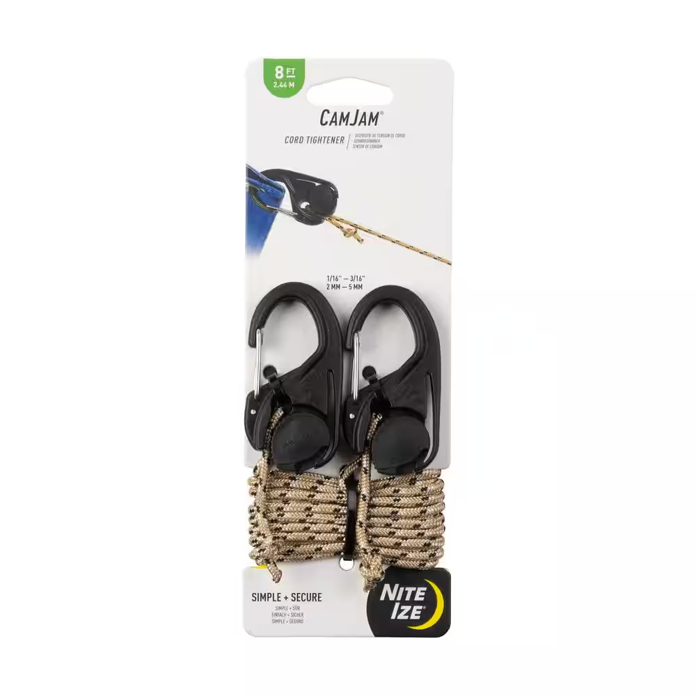 CamJam 8 ft Rope Bungee Cord knot-Free Tightener, Black (Pack Of 2)