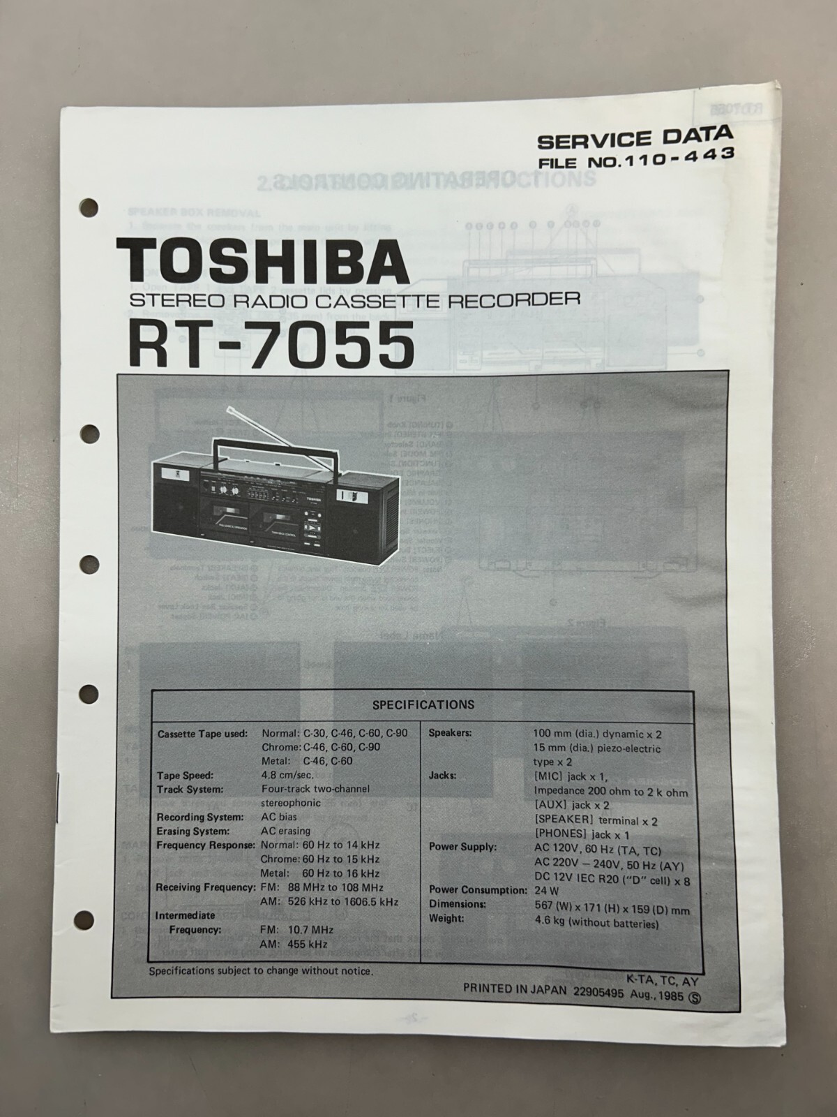 Toshiba RT-7055 Original Service Manual Free Shipping