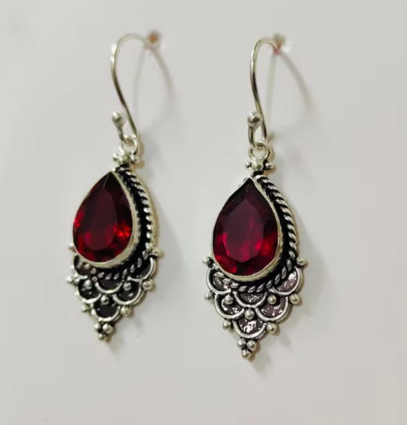 Garnet Teardrop Earrings in Sterling Silver, Vintage Style Red Gemstone Drop,