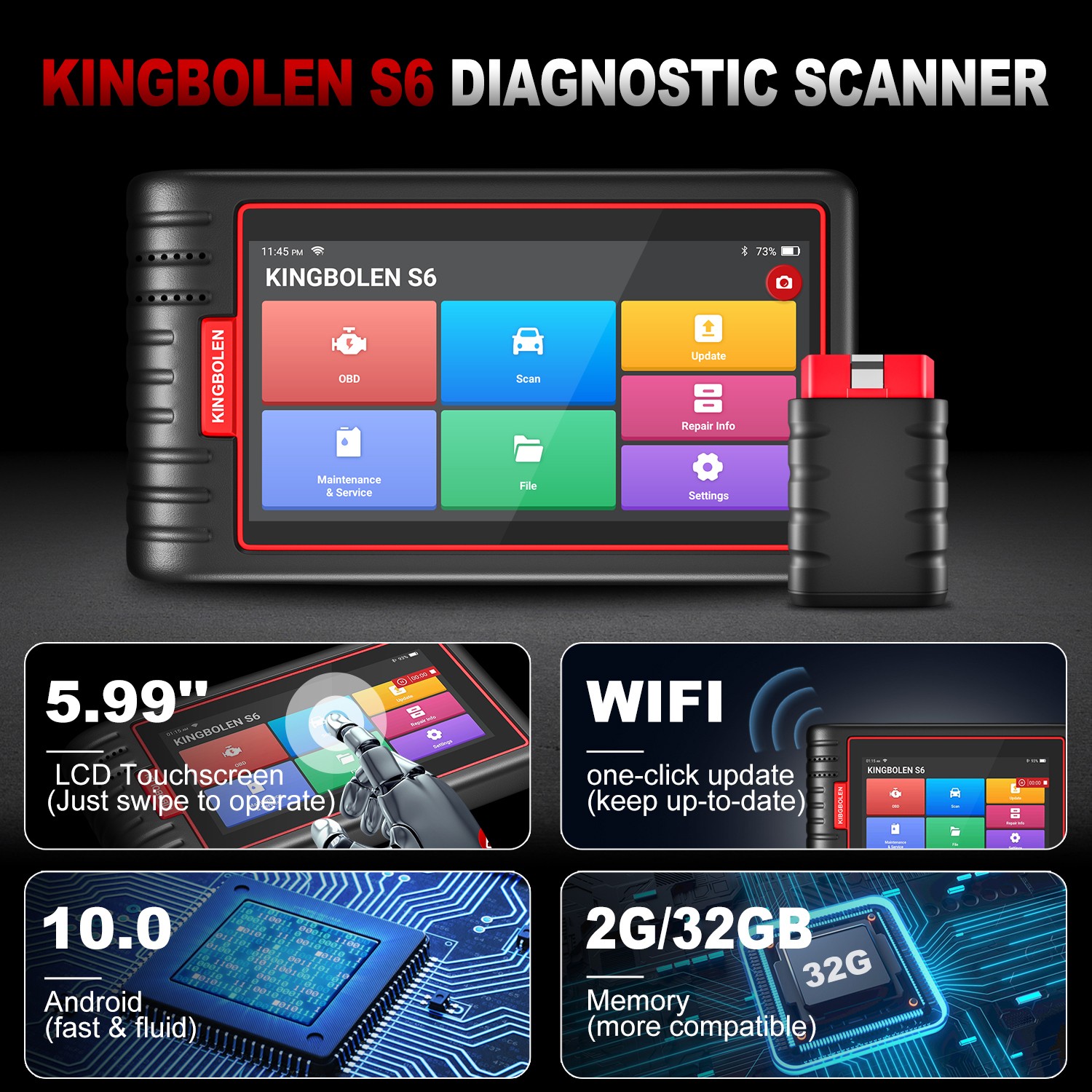 KINGBOLEN S6 Car Diagnostic Tool OBD2 Scanner ALL System Bluetooth- Free Update