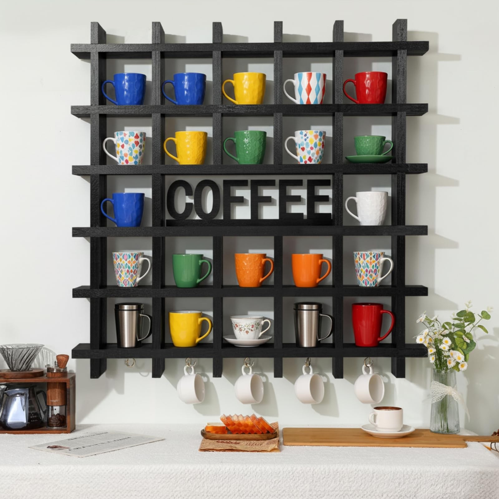 Oversize Coffee Mug Display Rack Wood Mug Display Shelf With Hooks Coffee Sig...