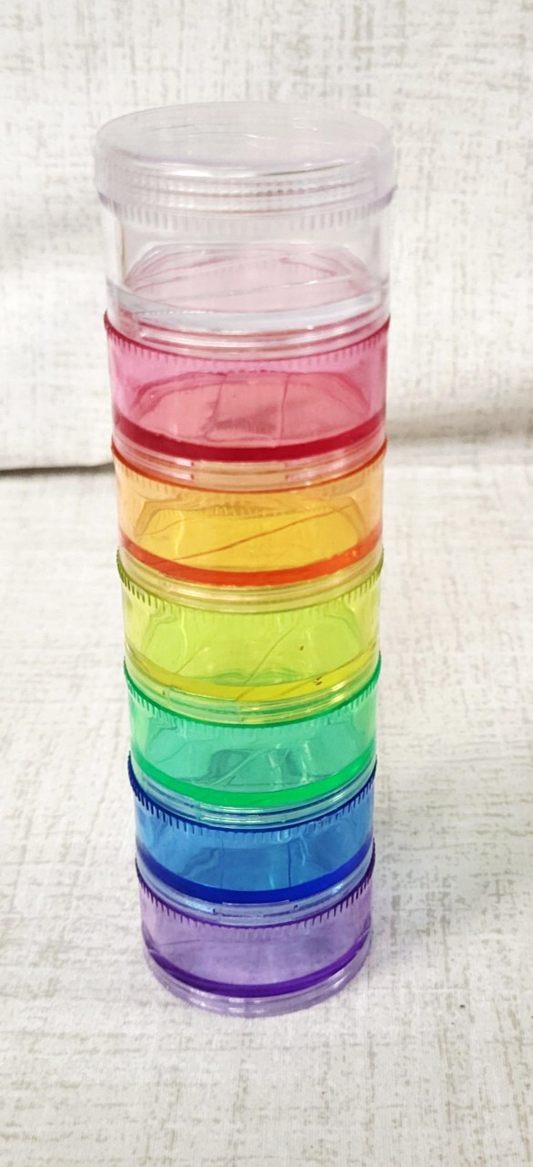 7 Stackable Small Multi Colored Containers For Jewelry Travel Powders Meds NEW