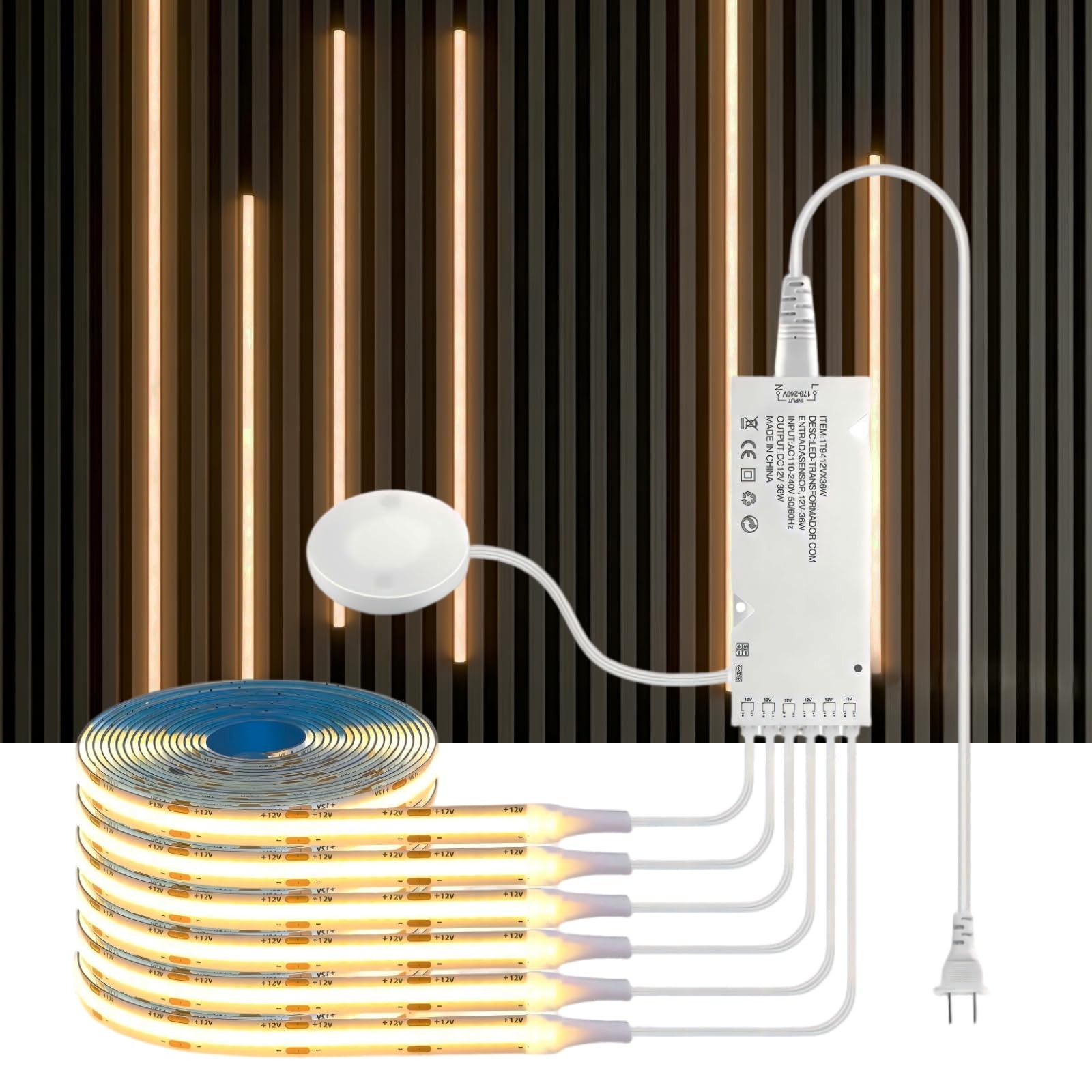 12V Warmwhite COB LED Strip Light Kit-6pcs 6.56FT Self-Adhesive LED Strip Par...