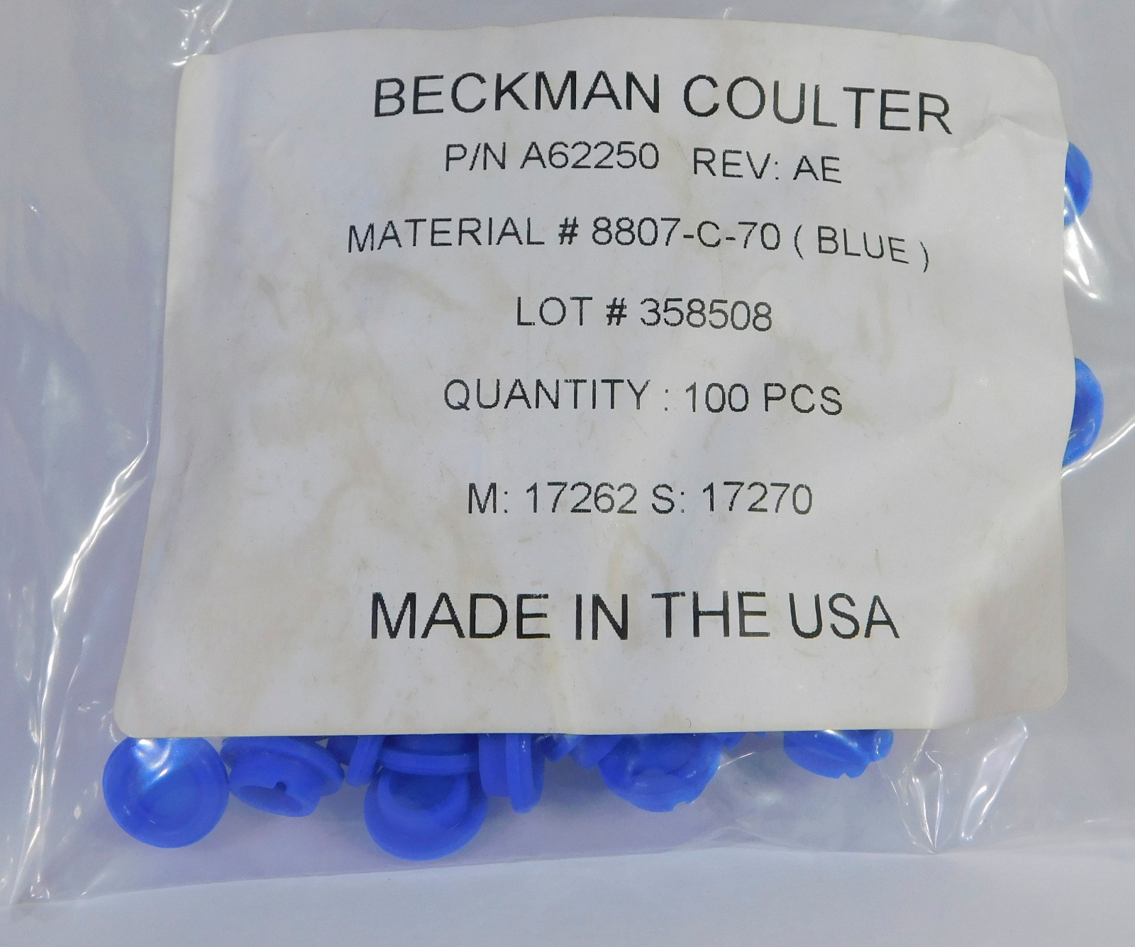 Sciex Beckman Coulter A62250 Rev AE 100 each Material 8807-C-70 Blue Vial Caps