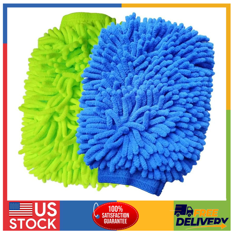 2 Pack Car Wash Mitt Microfiber Chenille Scratch Free Cleaning Glove Green Blue