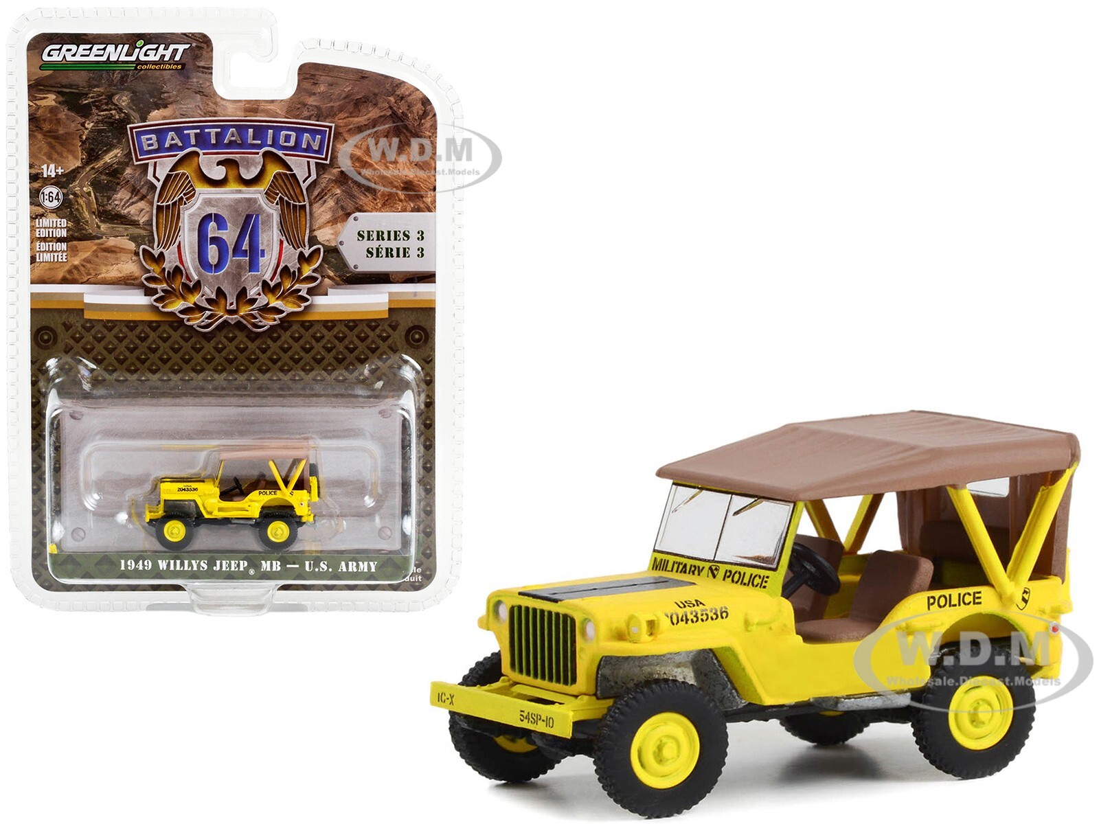 1949 WILLYS JEEP MB "MILITARY POLICE" YELLOW 1/64 DIECAST BY GREENLIGHT 61030 C