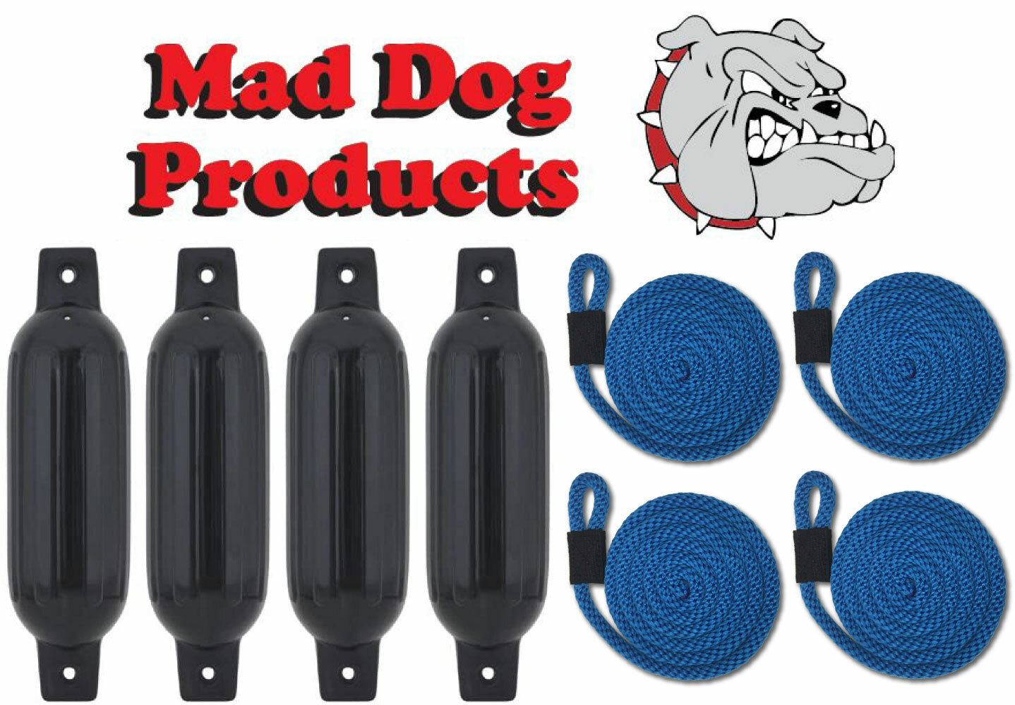 (4) BLACK 6.5 x 23 Inflatable Boat Fender Buoys & 4 Blue Lines - Made in USA