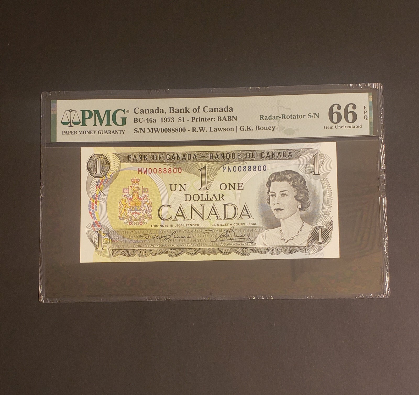 RARE 2-DIGIT RADAR & ROTATOR 1973 Bank of Canada $1 Banknote. GEM UNC-66. EPQ.
