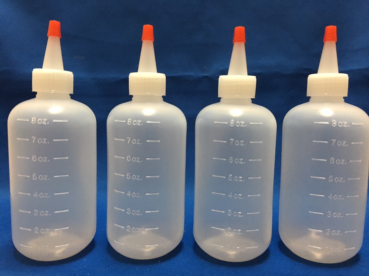 4 pack of 8oz (240mL) Plastic Boston Round Squeeze Bottles + Yorker Caps LDPE