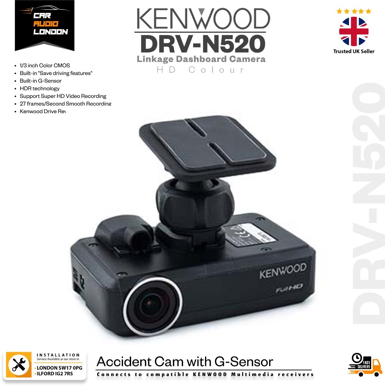 Kenwood DRV-N520 Dash Cam HD 3MP GPS G-Sensor HDR for Kenwood Receivers