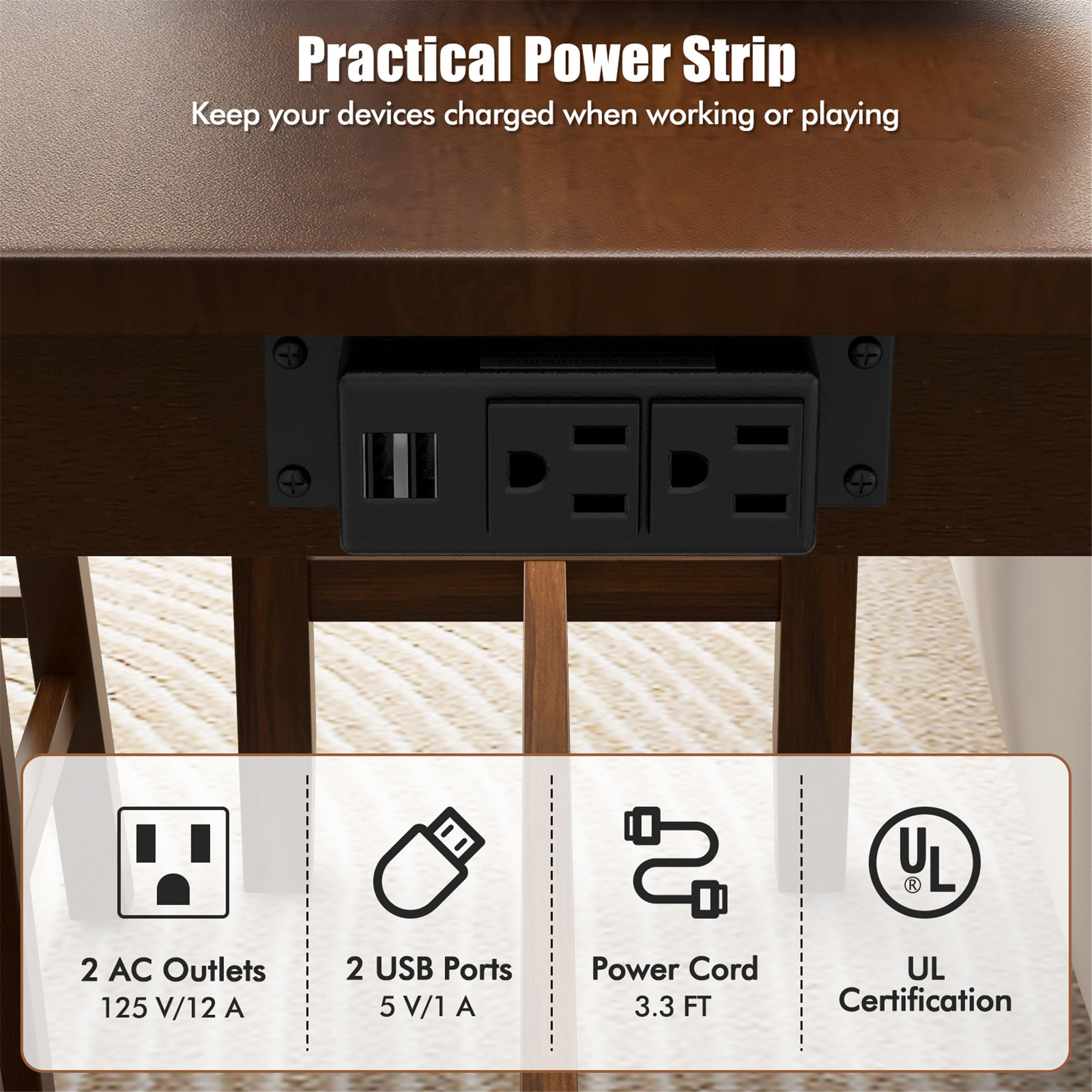 4-Piece Bar Table Set w/ Power Outlet Counter-Height Table & 3 Bar Stools