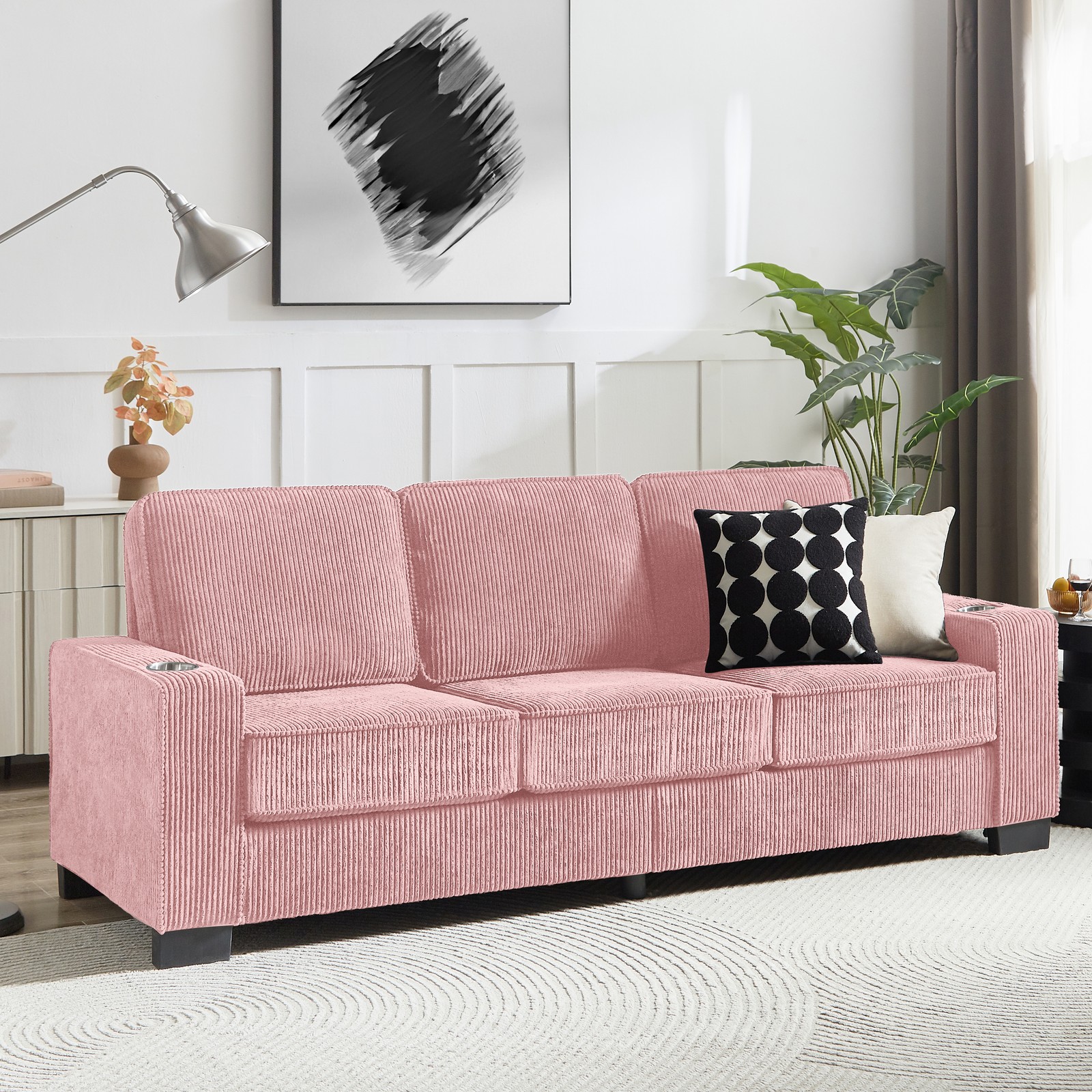 83.86" Modern 3-Seater Sofa Couch Corduroy Fabric Sofa for Living Room Pink NEW