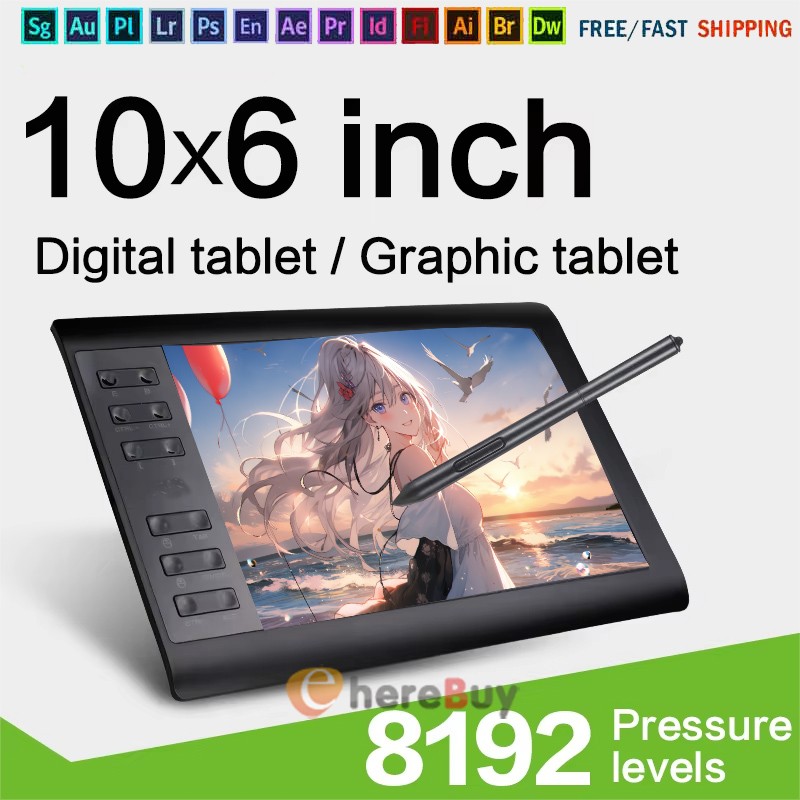10x6" Graphics Drawing Pen Tablet Support Battery-Free Stylus , 12 Hot Keys
