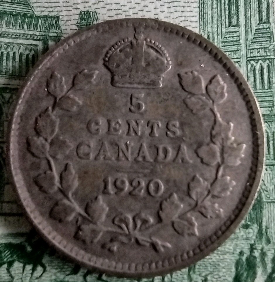 1920 Canada Sterling Silver 5 Cents-Silver Nickel -V700
