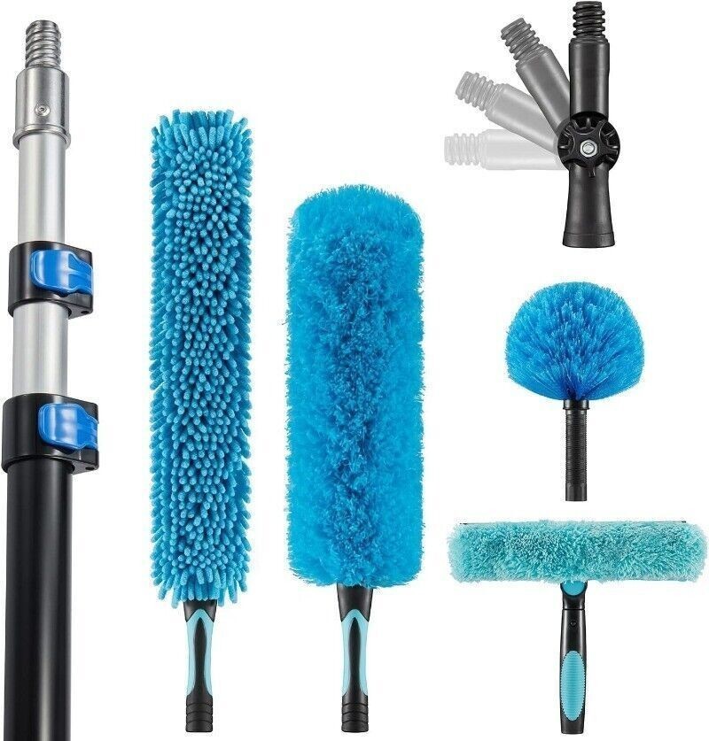 20 Foot High Ceiling Fan Duster W/ 5-12 Extension Pole Extendable Reusable Blue