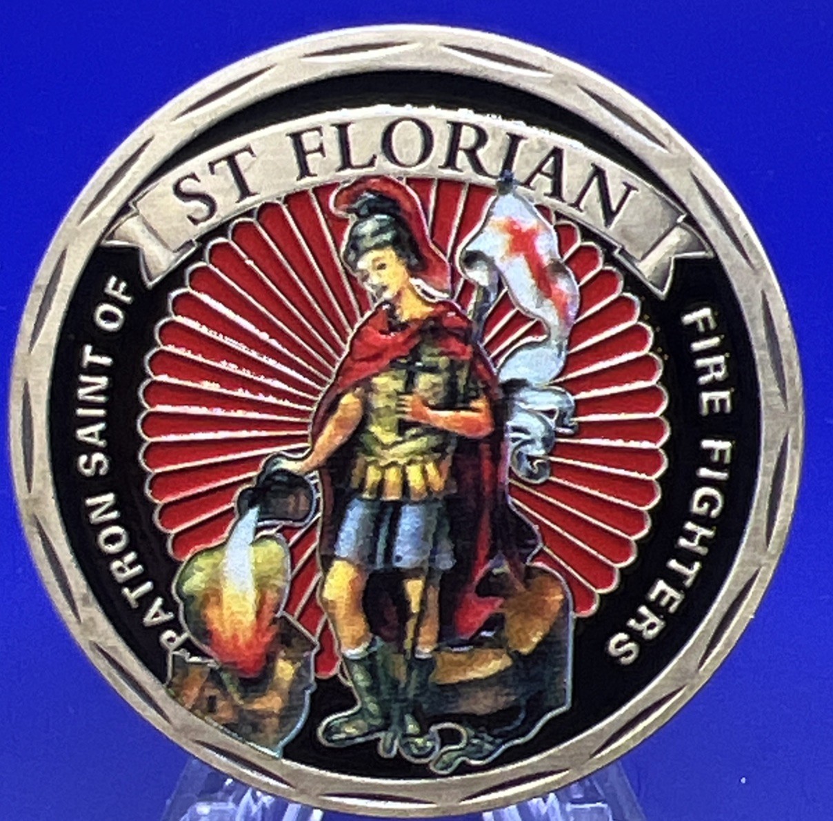 * St Florian Patron of Firefighter Challenge Coin with Fireman Fire Suit On Back