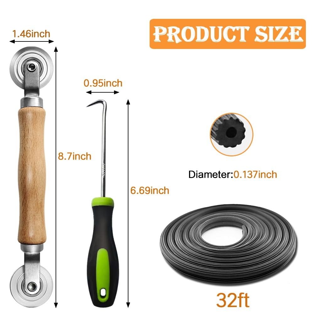Screen Repair kit, Screen Roller Tool, Steel Roller with Bear+32ft Screen Spline