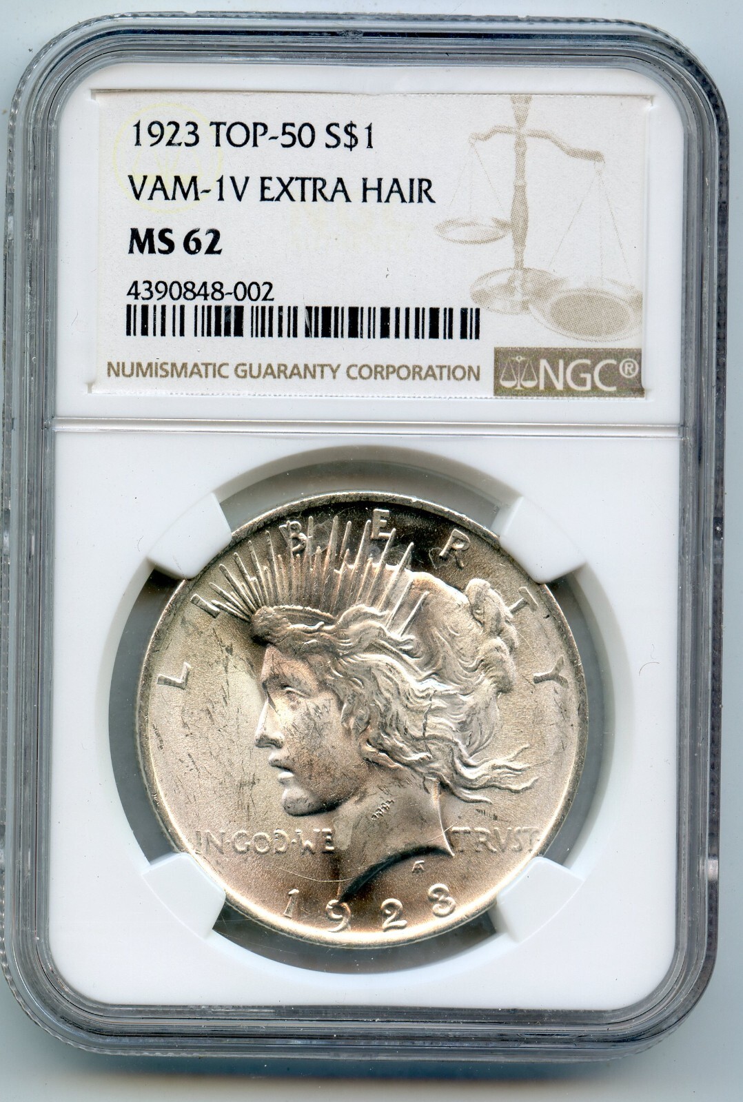 💙 1923 Peace Silver Dollar NGC MS-62, VAM-1V Extra Hair, Top-50, R6