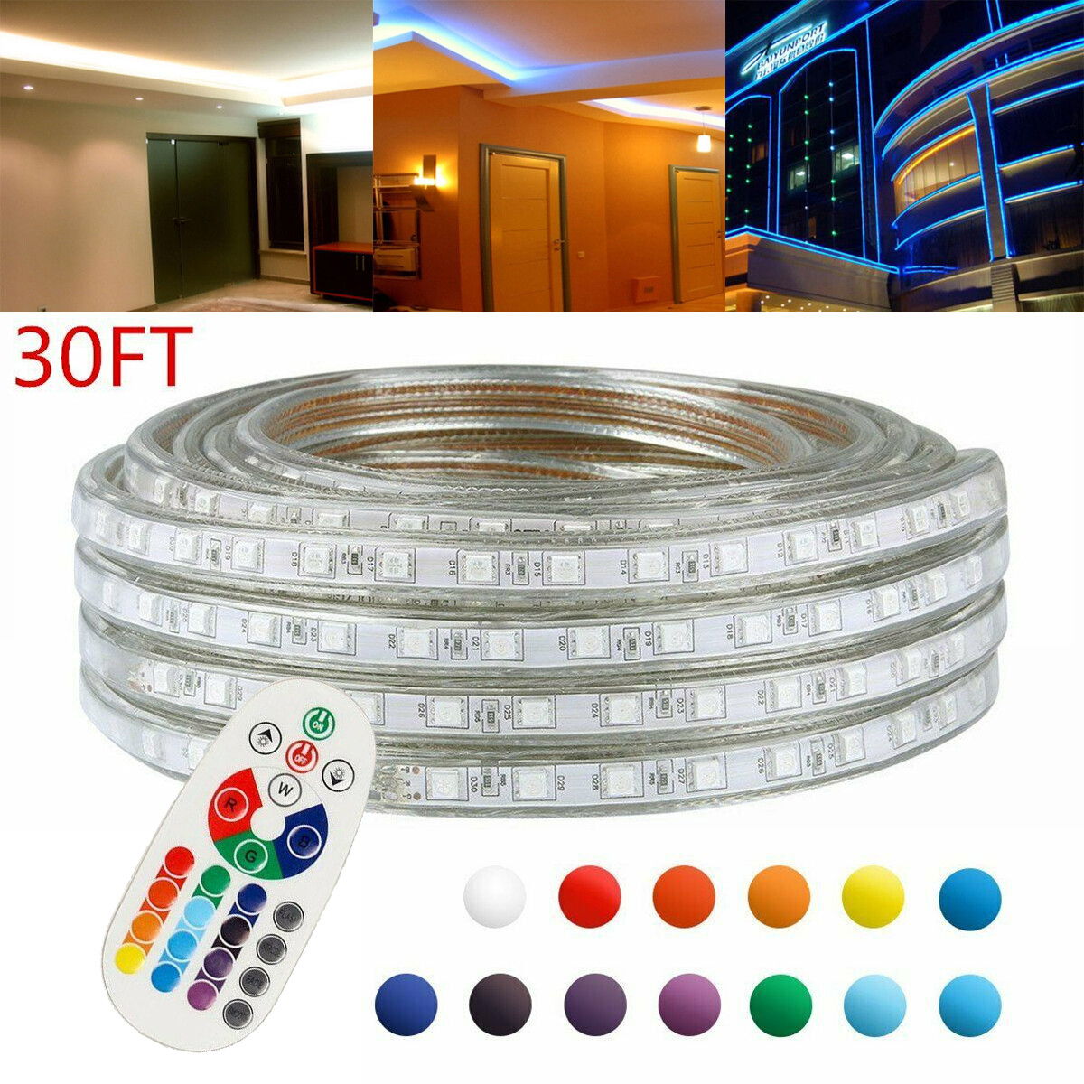 30FT LED Strip Rope Light Waterproof Multi-Color Changing Lights Flexible Remote