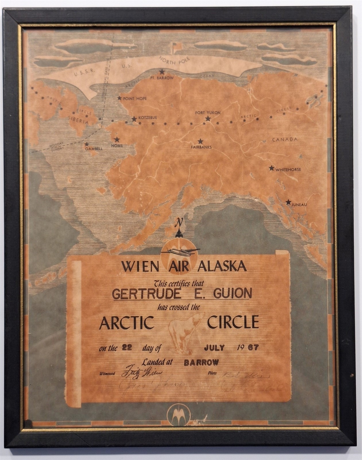 Vintage Wien Air Alaska Arctic Circle Crossing Gertrude E. Guion July 22, 1967