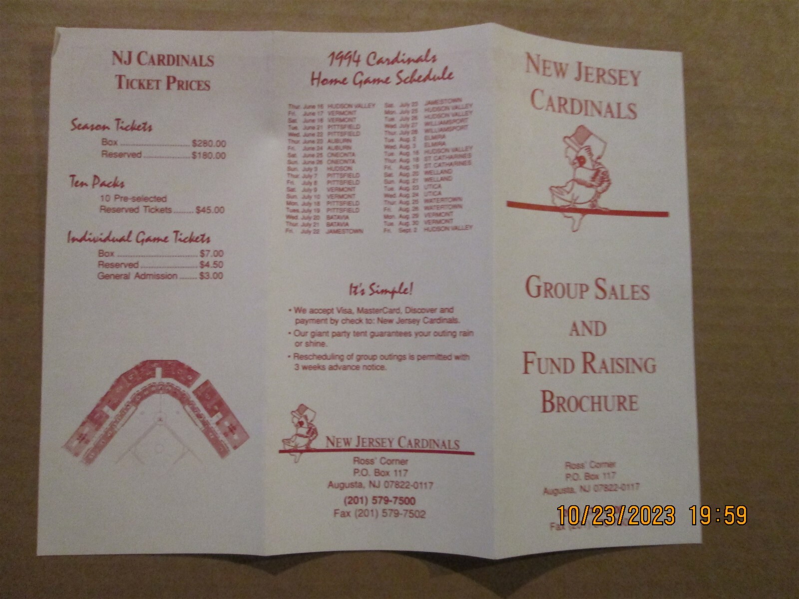 NYPL New Jersey Cardinals Vintage Defunct 1994 Team Logo Season Ticket Brochure
