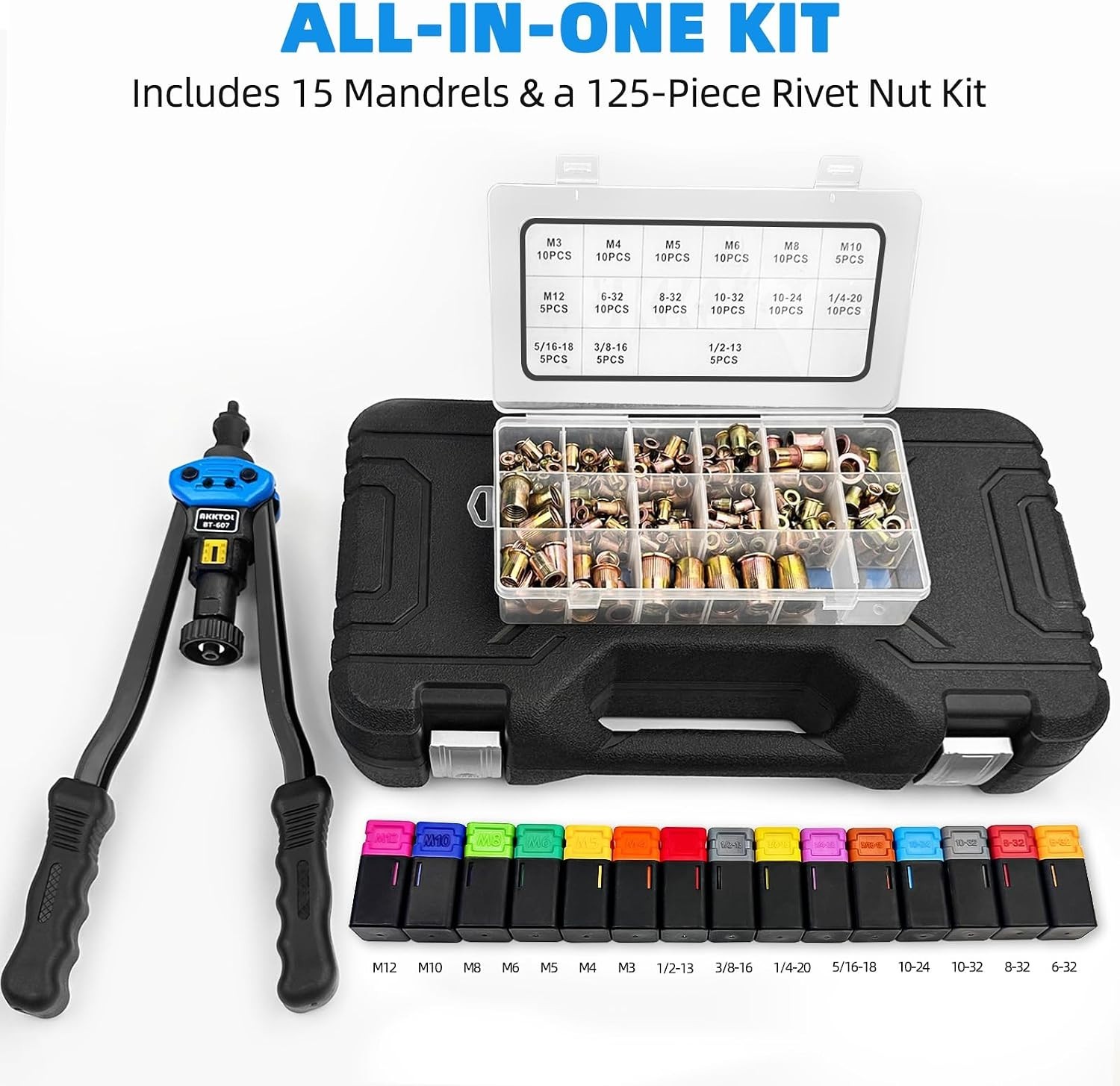 Versatile Rivet Nut Tool Kit - 16" Long Handles, 125-Piece Set for Metalwork