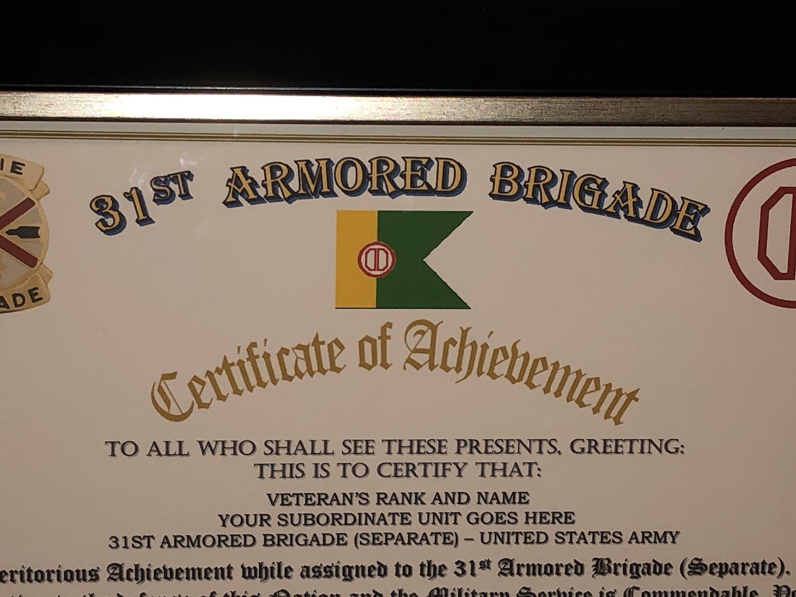 31ST ARMORED BRIGADE - ACHIEVEMENT (COMMEMORATIVE CERTIFICATE)