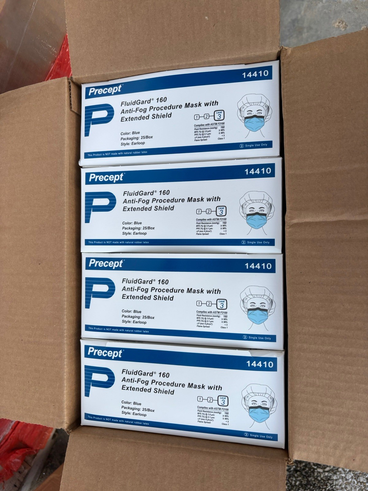 Case Of 100 Anti-Fog Mask & extended shield, masks # 14410 Precept Fluidgard 160
