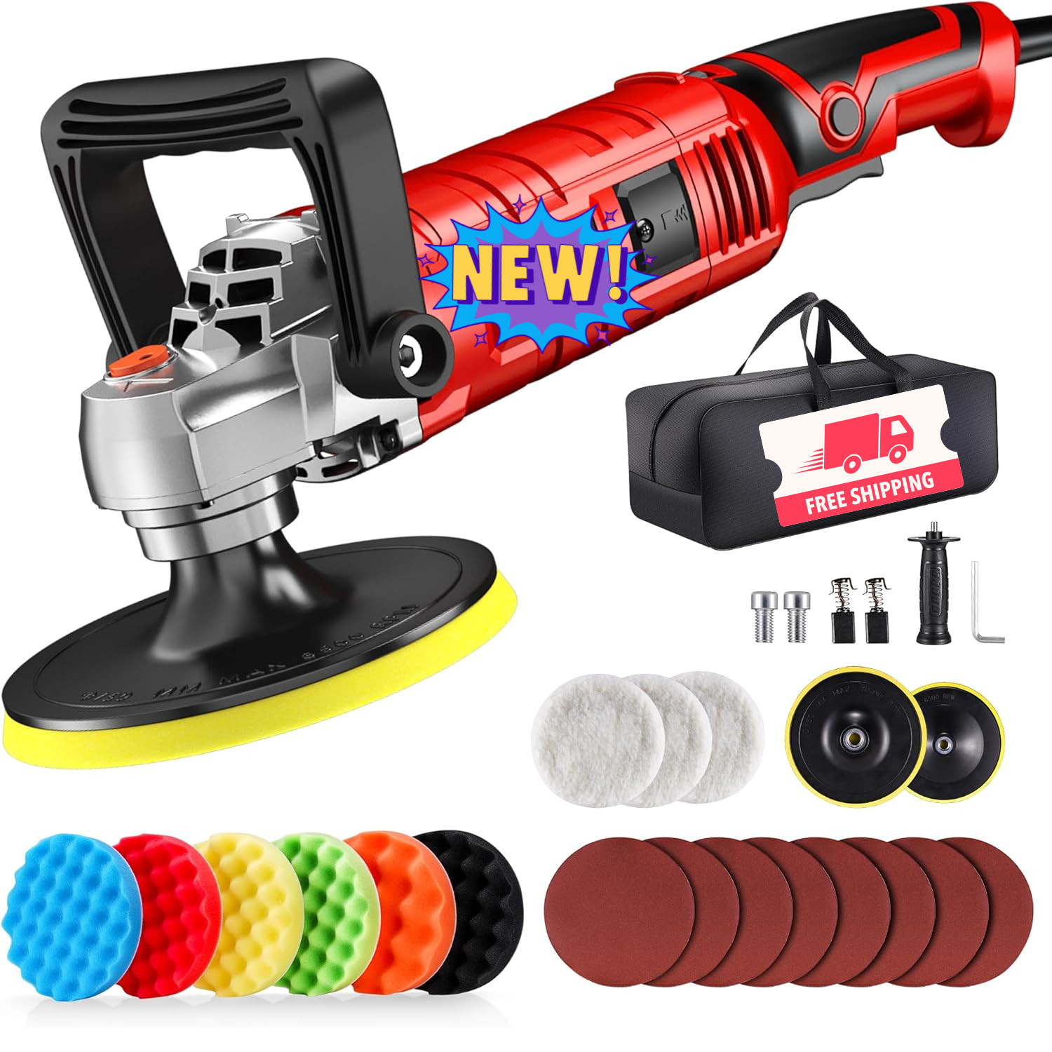 Pulidora de 1600 W, 7"/6" para detallado de autos, máquina de encerado, 7 veloci