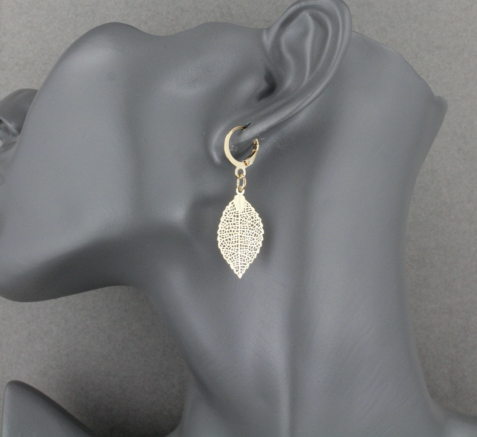 gold leaf earrings small filigree leaves dangle 1.75" long leverback lightweight