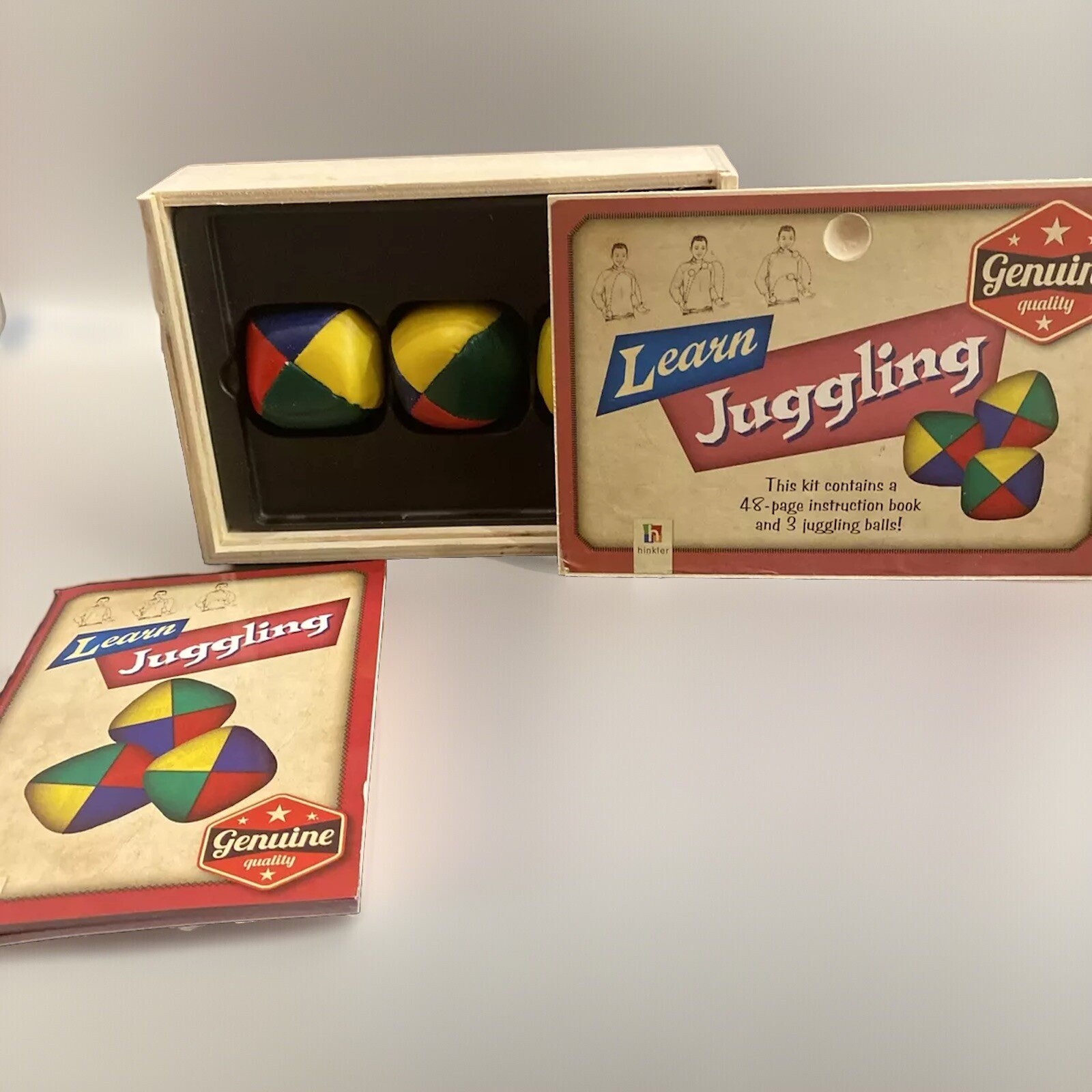 Hinkler Learn 3 Ball Juggling Kit Instruction Booklet Wood Storage Box