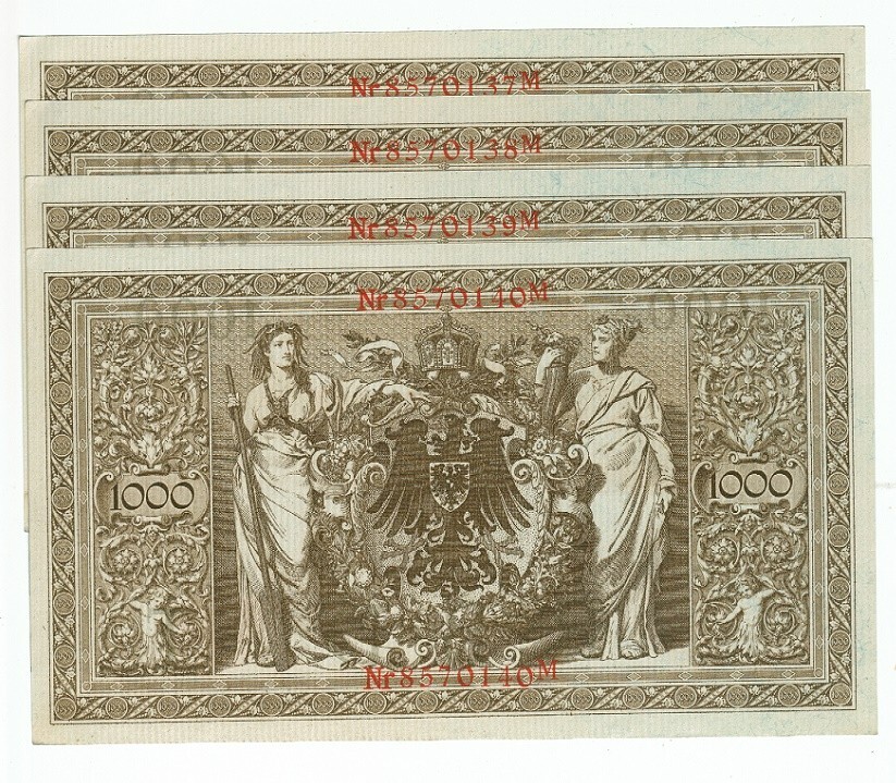 GERMANY REICHSBANKNOTE 1000 MARK 1910 CONSECUTIVE NUMBERS UNC/sold as each