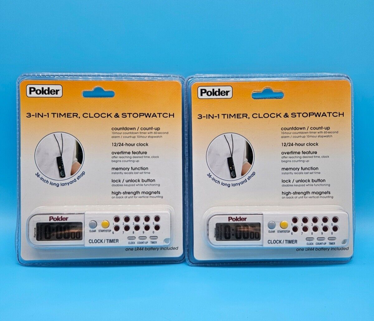 TWO Polder 3-IN-1 Timer Clock & Stopwatch 898-90 Multi Function Tool w/ Lanyard