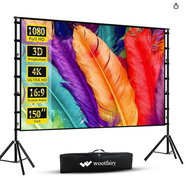 Wootfairy 150" Projector Screen with Stand, 4K HD, Foldable, Indoor/Outdoor
