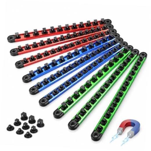 Magnetic Socket Organizer Set | 1/4" 3/8" 1/2" Socket Rail with 120 Clips |
