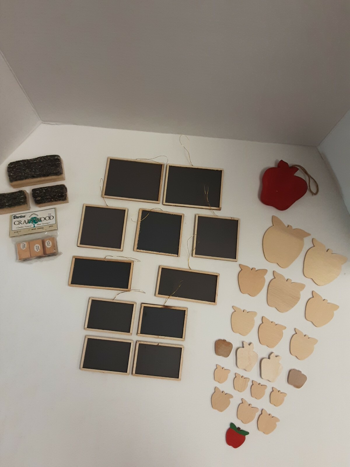 Variety Of Miniature Wooden Craft Chalkboard Ornaments, Erasers & Apples