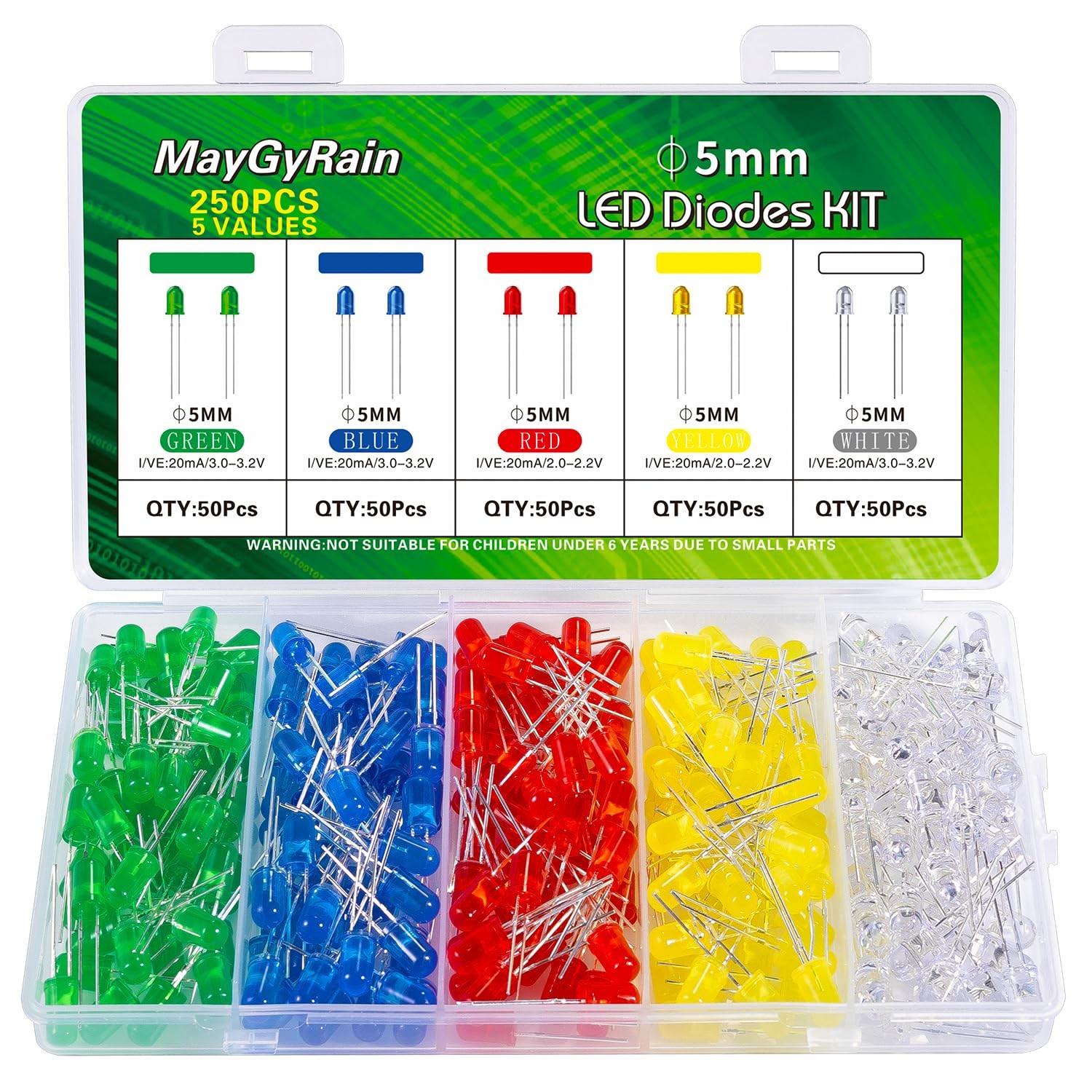 5mm LED Diodes Kit,250 Piece 5 Values 5 Color, Light Assortment Kit Low...