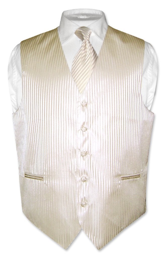 Men's Dress Vest & NeckTie EGG YOLK CREAM Vertical Striped Design Neck Tie Set