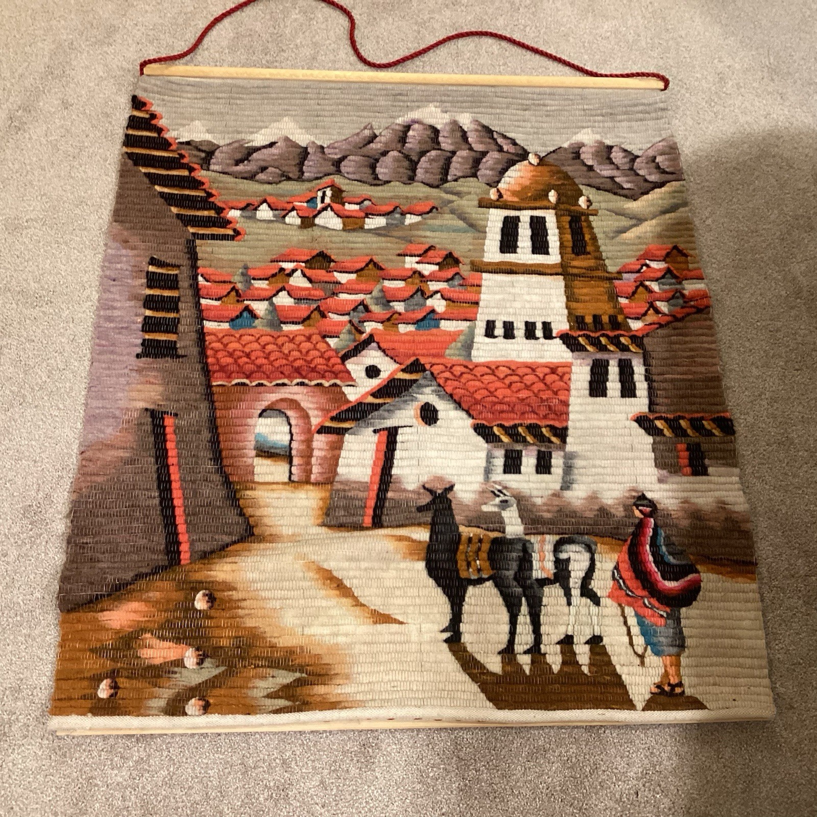 Peruvian Folk Art Woven 37" x 44" Tapestry Wall Hanging Vintage Fiber Art