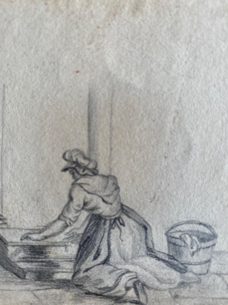 VICTORIAN DRAWING By WILDMAN LADY SCRUBBING STEPS MINIATURE